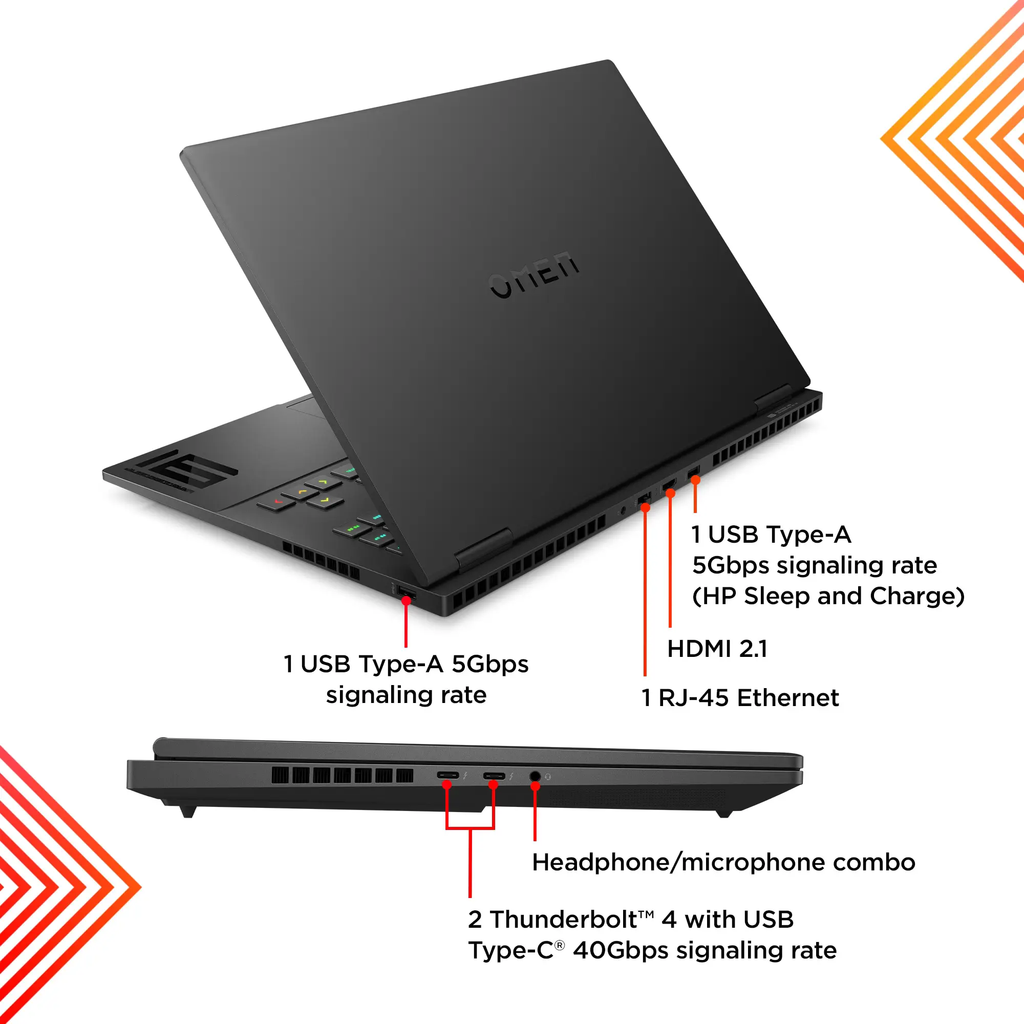 درگاه های لپ تاپ ‎HP Omen 16 i7 13700HX/16GB/ 1TB/8GB Nvidia RTX 4070 